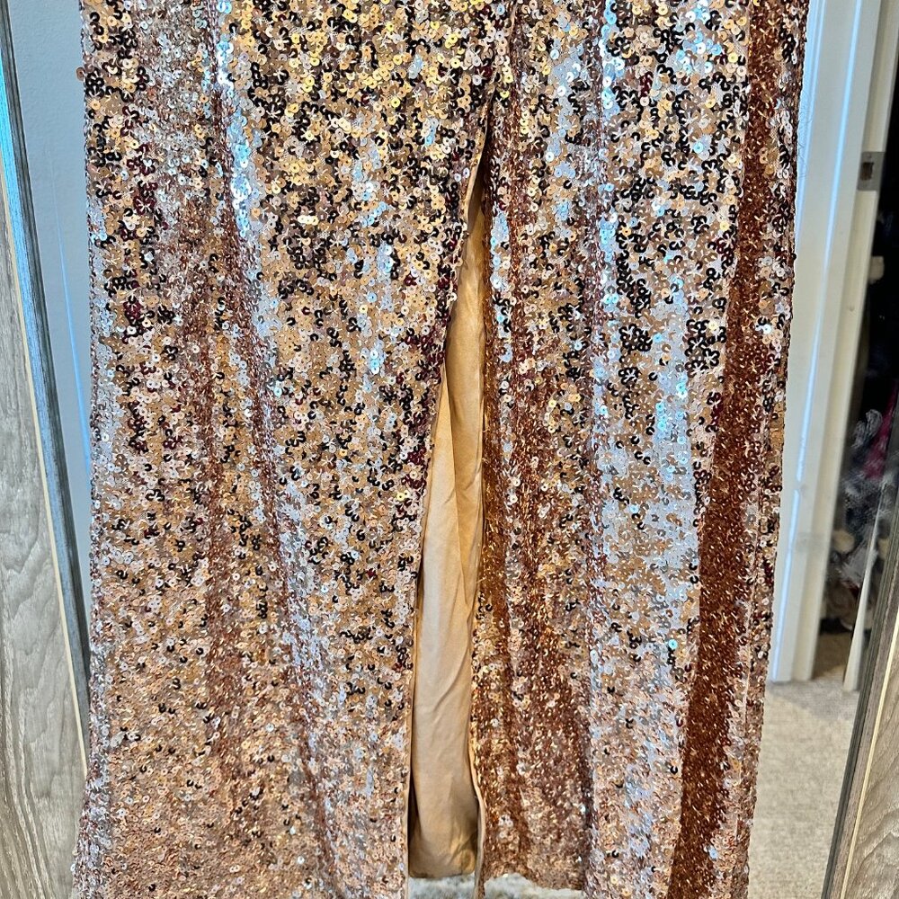 Off Shoulder Draped Side Split Hem Sequin Party D… - image 7